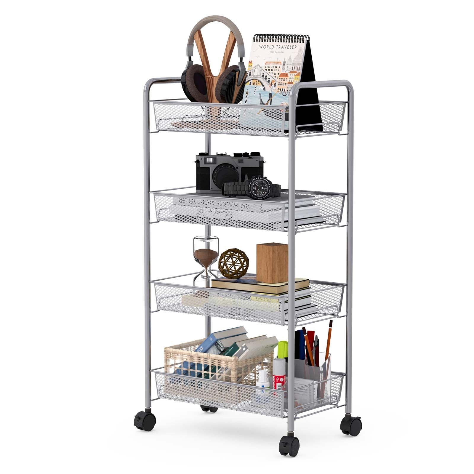 Gray 4 Tier Storage Rack Trolley Cart-GrayÂ