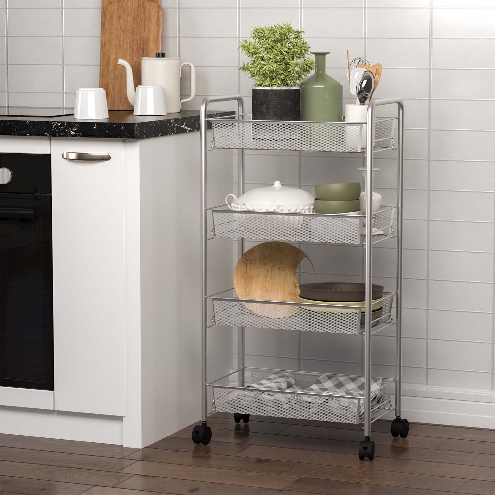 Gray 4 Tier Storage Rack Trolley Cart-GrayÂ