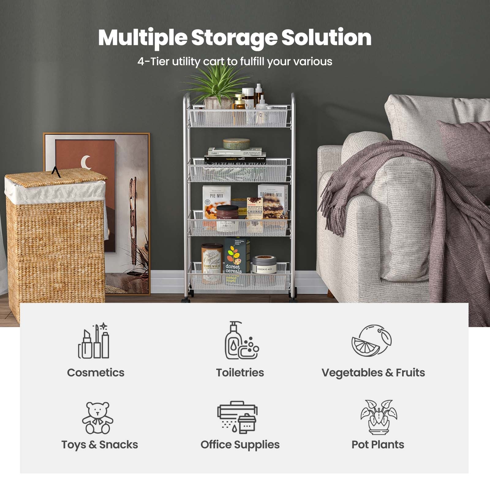 Gray 4 Tier Storage Rack Trolley Cart-GrayÂ