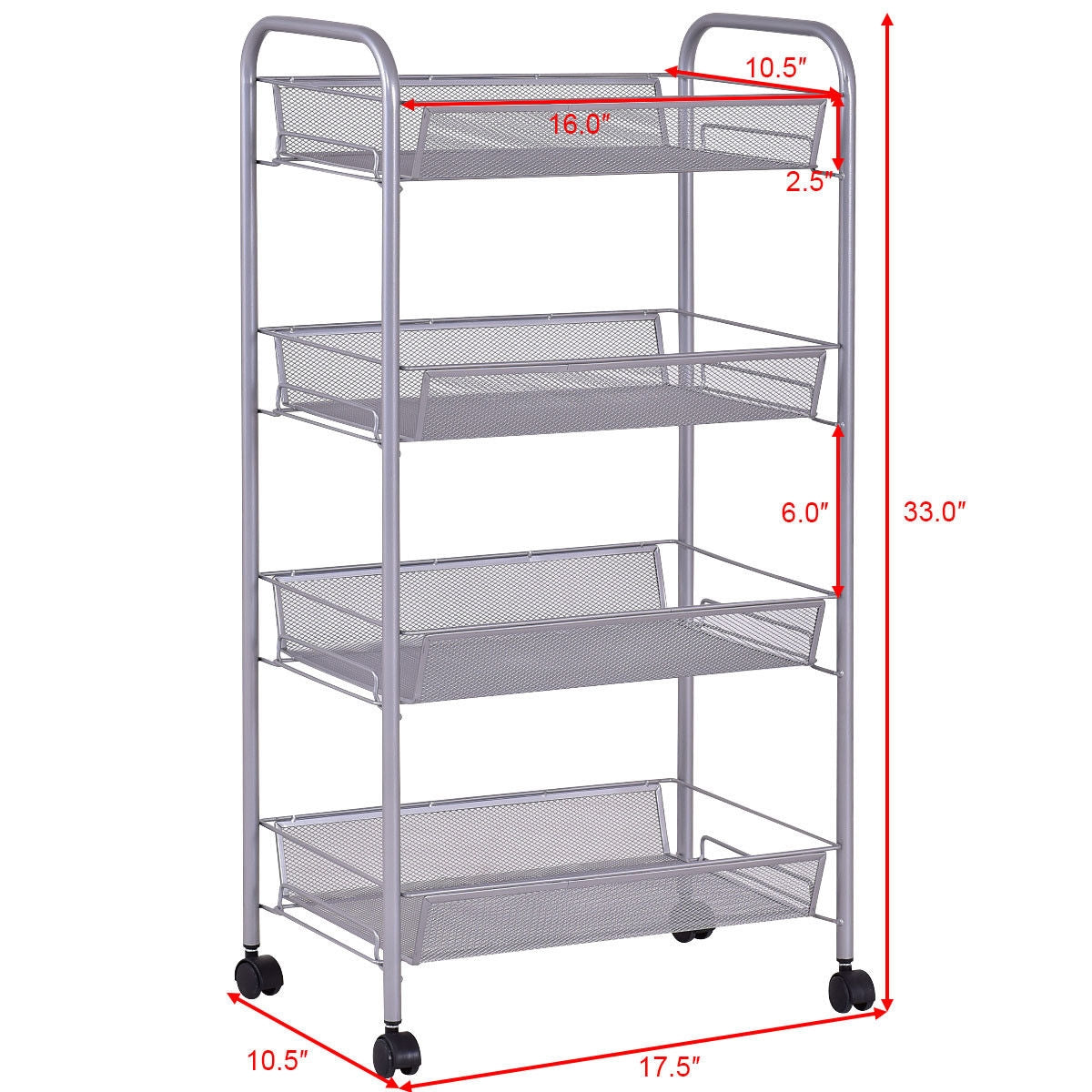 Gray 4 Tier Storage Rack Trolley Cart-GrayÂ