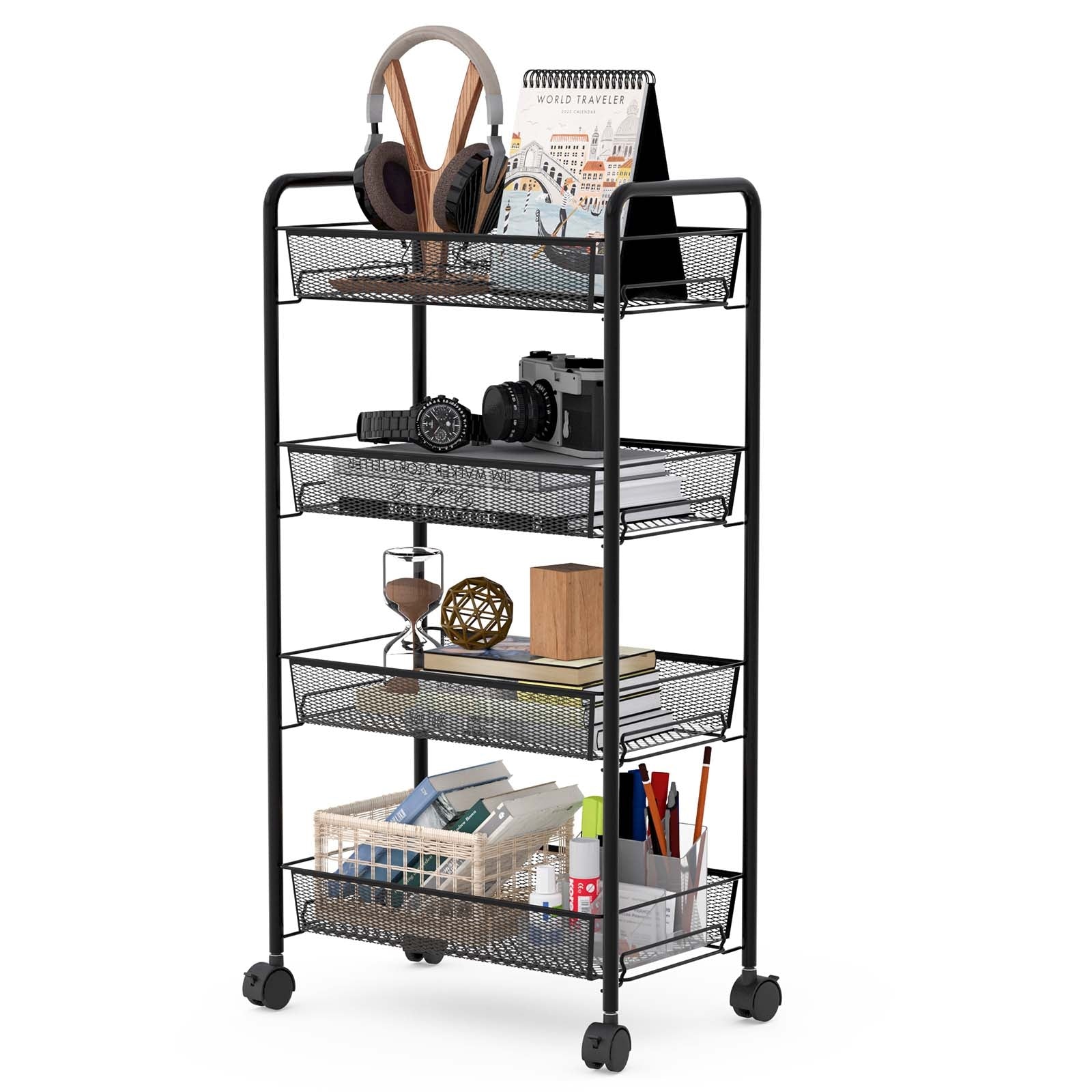 Black 4 Tier Storage Rack Trolley Cart-BlackÂ