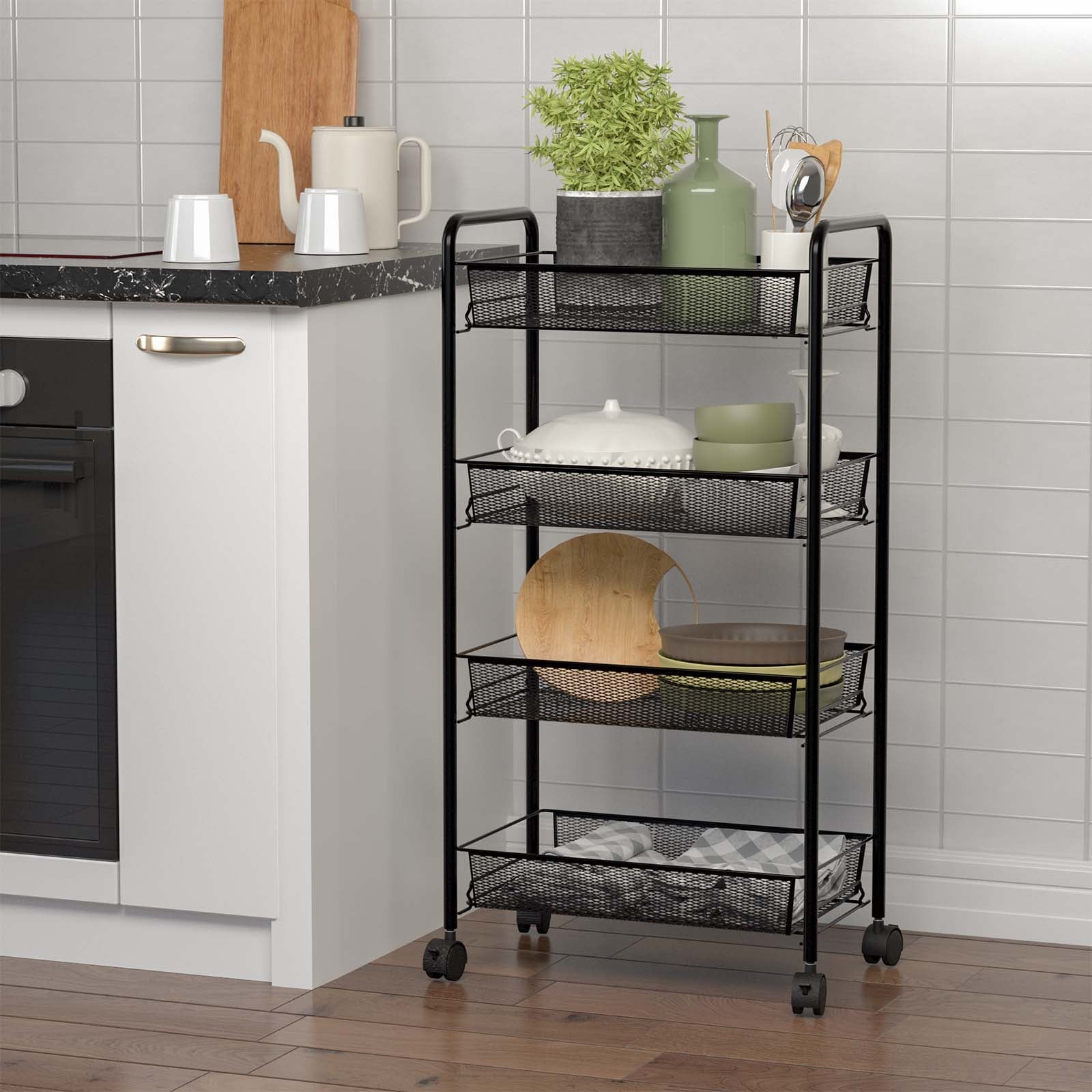 Black 4 Tier Storage Rack Trolley Cart-BlackÂ