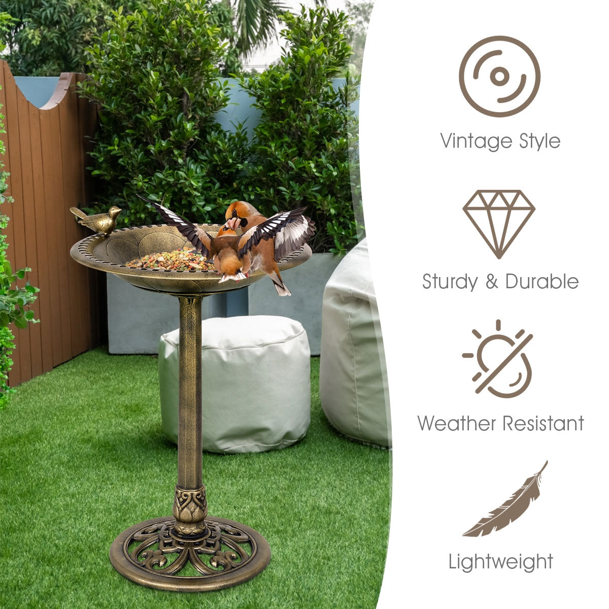 Antique Gold Freestanding Pedestal Bird Bath FeederÂ