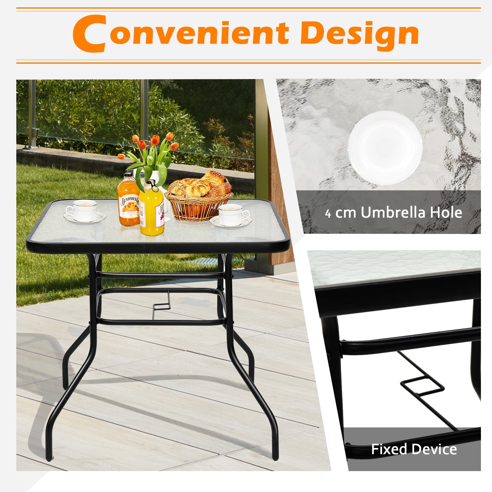 32 Inch Patio Tempered Glass Steel Frame Square TableÂ