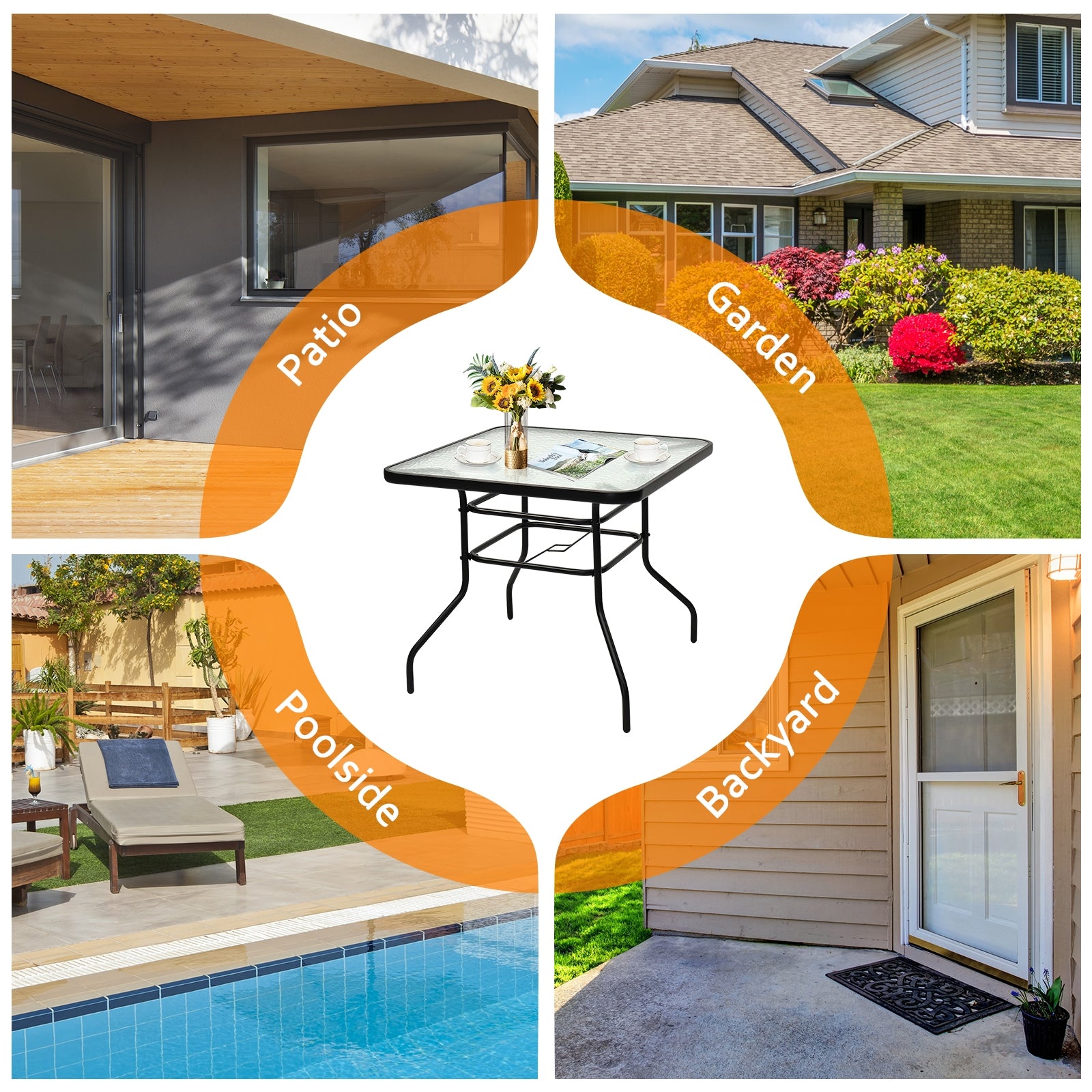 32 Inch Patio Tempered Glass Steel Frame Square TableÂ