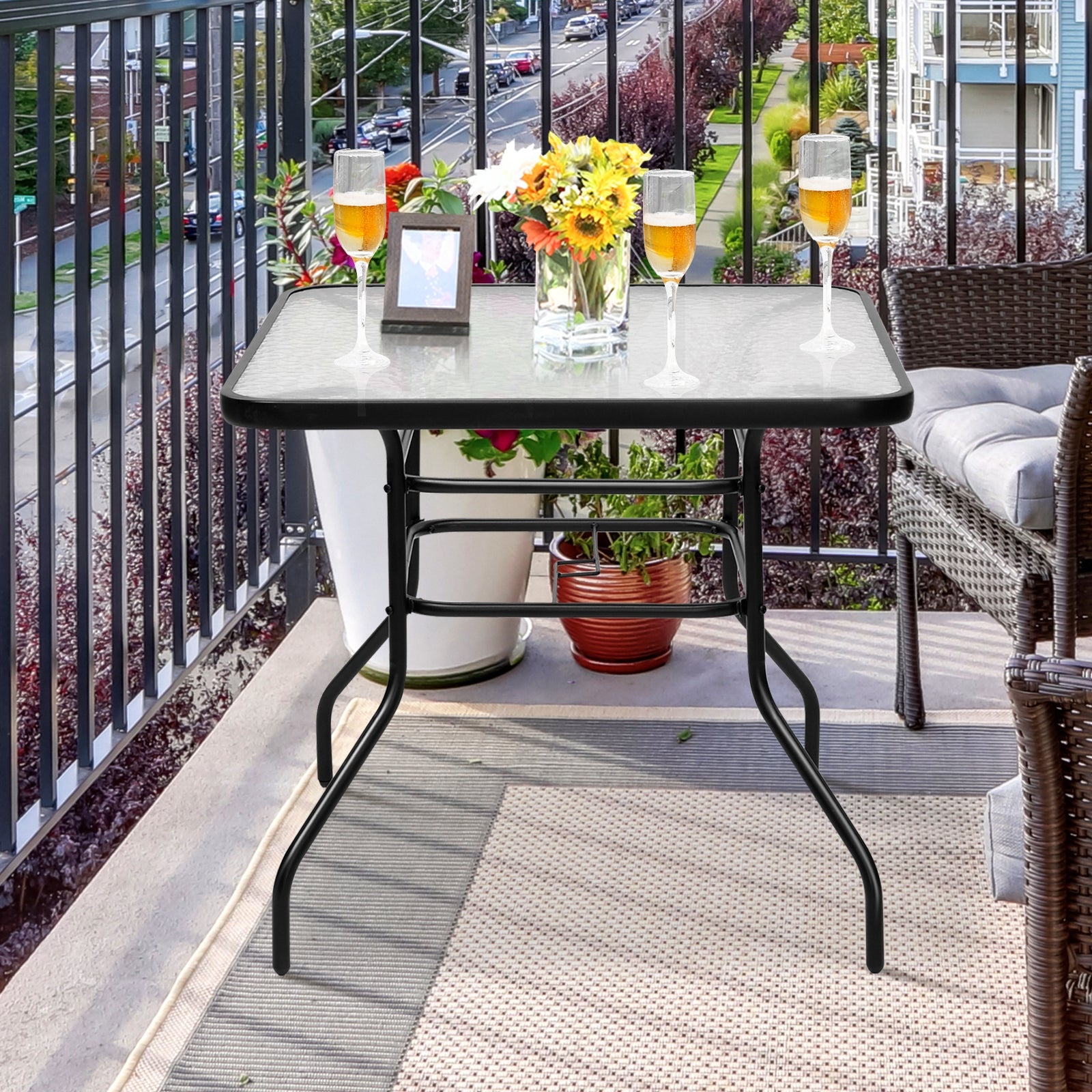 32 Inch Patio Tempered Glass Steel Frame Square TableÂ
