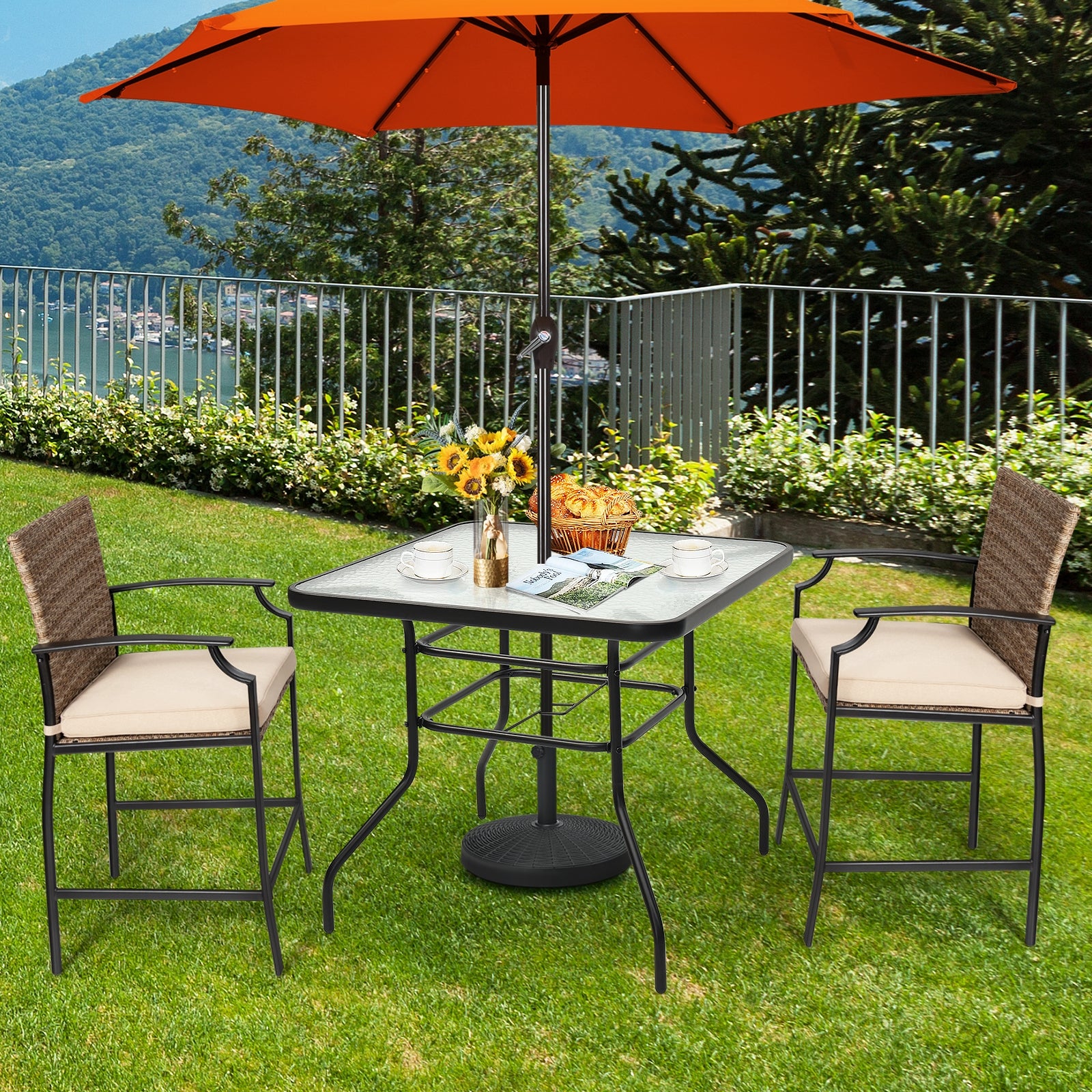 32 Inch Patio Tempered Glass Steel Frame Square TableÂ