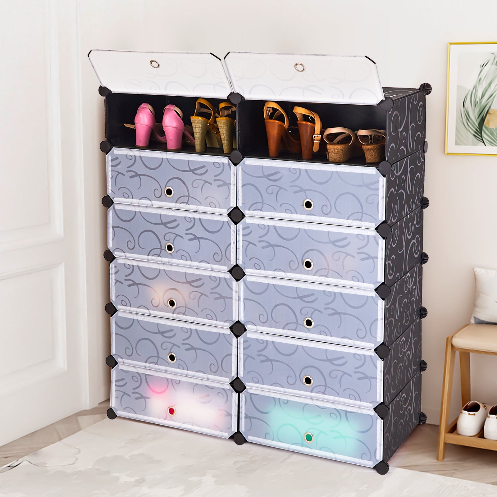 12-Cube DIY Portable Plastic Shoe Rack with Transparent DoorsÂ