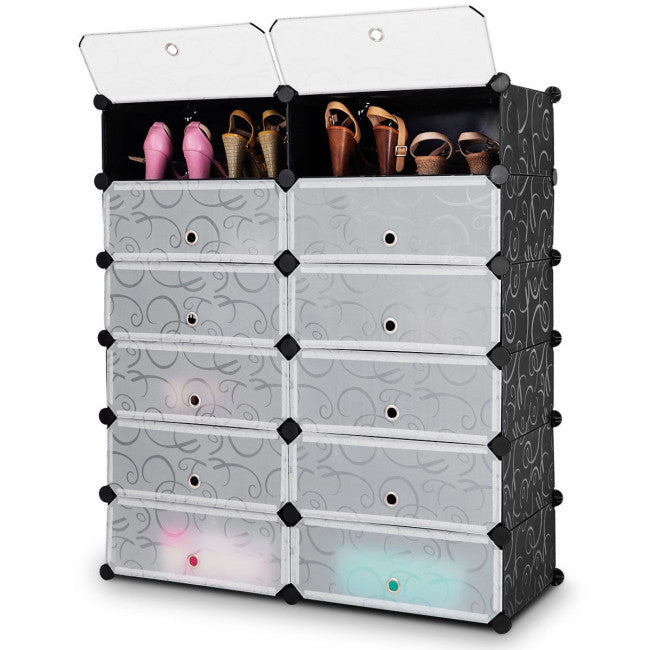 12-Cube DIY Portable Plastic Shoe Rack with Transparent DoorsÂ