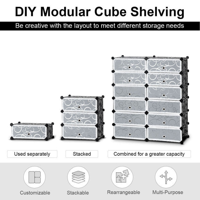 12-Cube DIY Portable Plastic Shoe Rack with Transparent DoorsÂ