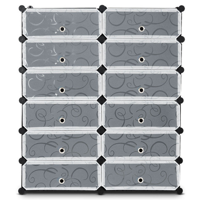 12-Cube DIY Portable Plastic Shoe Rack with Transparent DoorsÂ