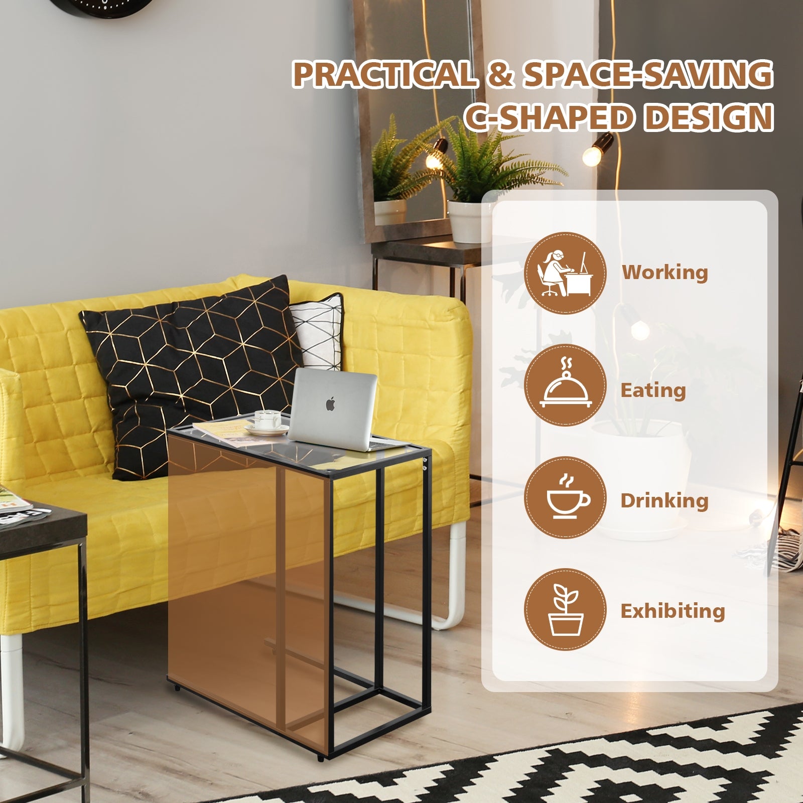 Sofa End Table Coffee Side Table with Glass TopÂ