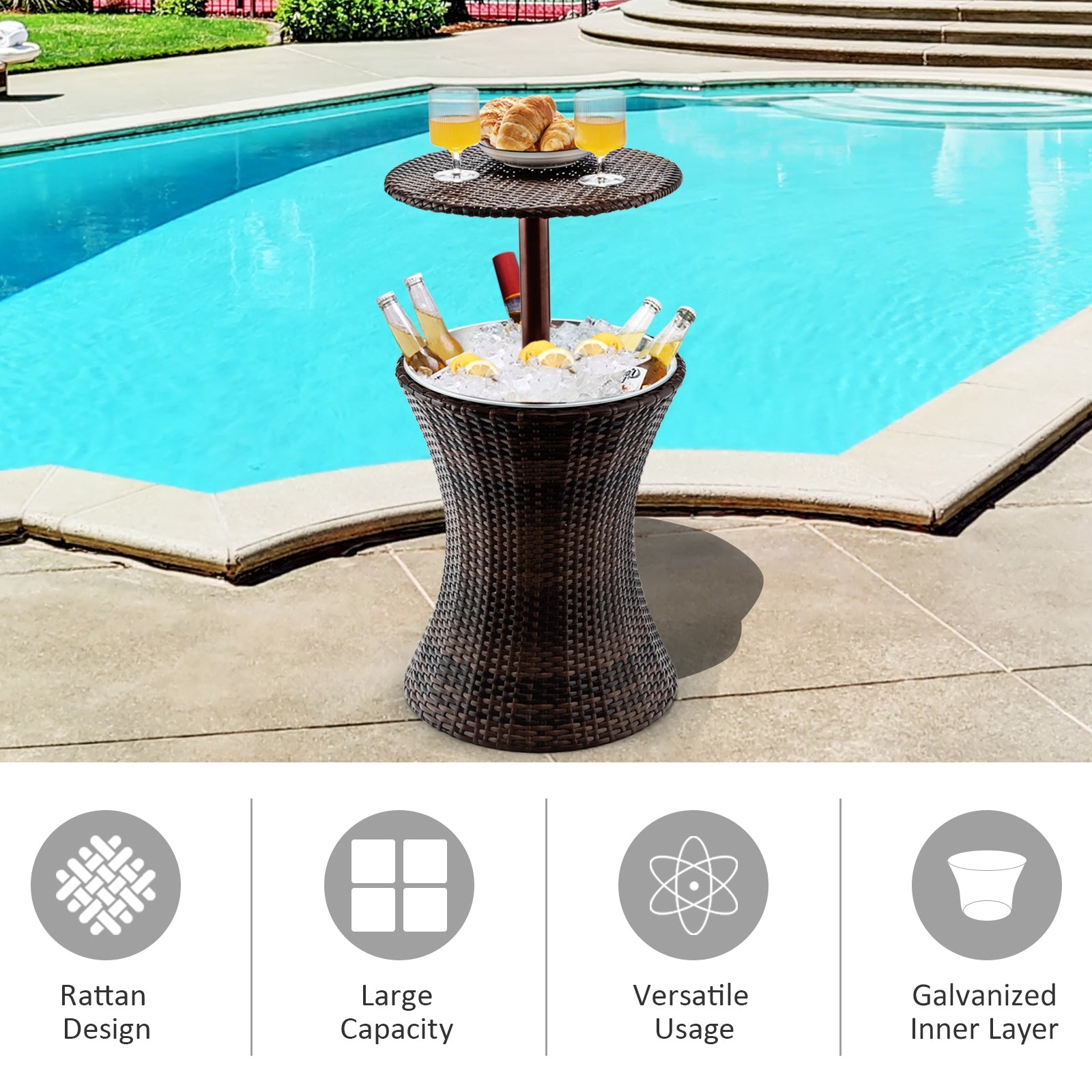 Height Adjustable Patio Rattan Cooler Bar Table-BrownÂ
