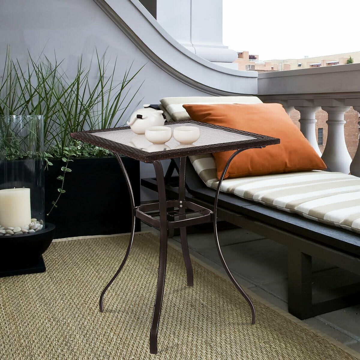 28.5 Inch Outdoor Patio Square Glass Top Table with Rattan EdgingÂ