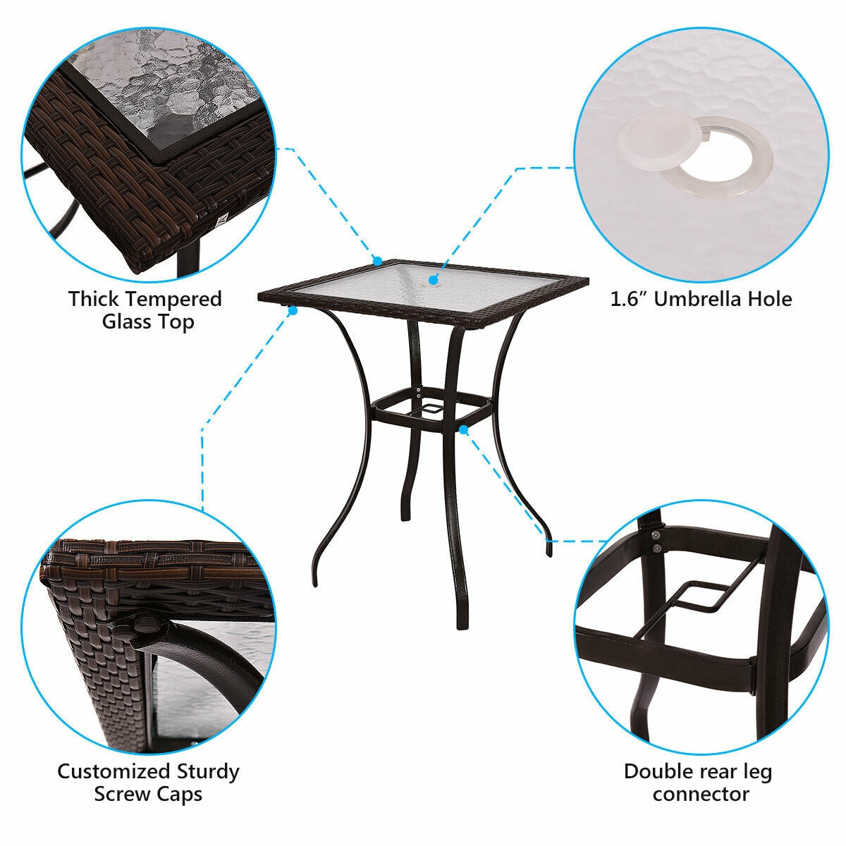 28.5 Inch Outdoor Patio Square Glass Top Table with Rattan EdgingÂ