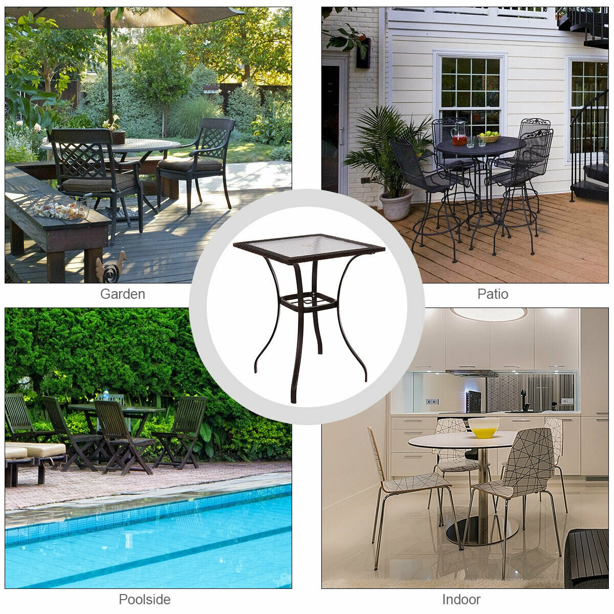 28.5 Inch Outdoor Patio Square Glass Top Table with Rattan EdgingÂ