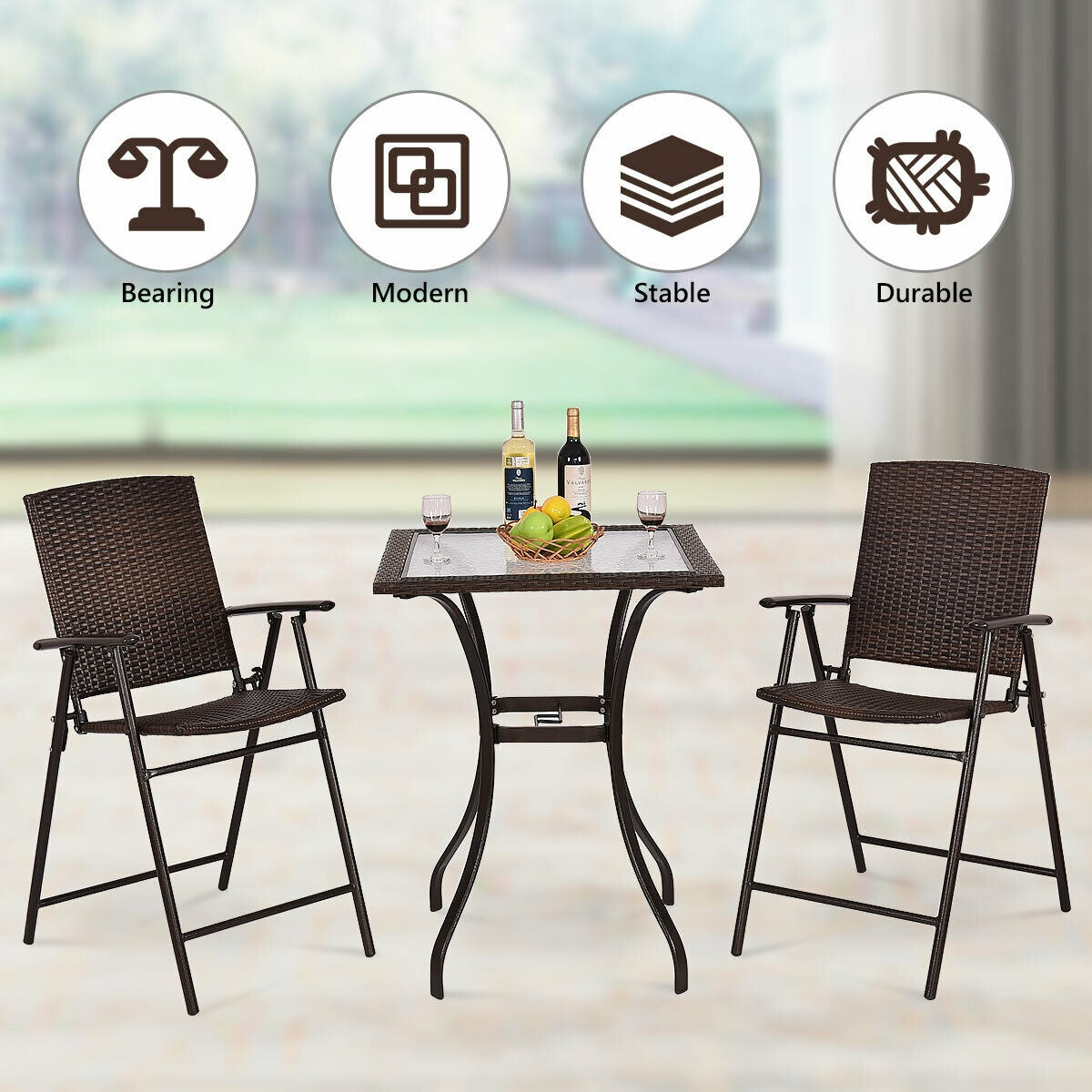 28.5 Inch Outdoor Patio Square Glass Top Table with Rattan EdgingÂ