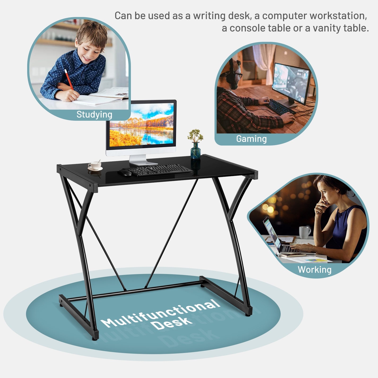 Glass Top Computer Desk Writing Study WorkstationÂ