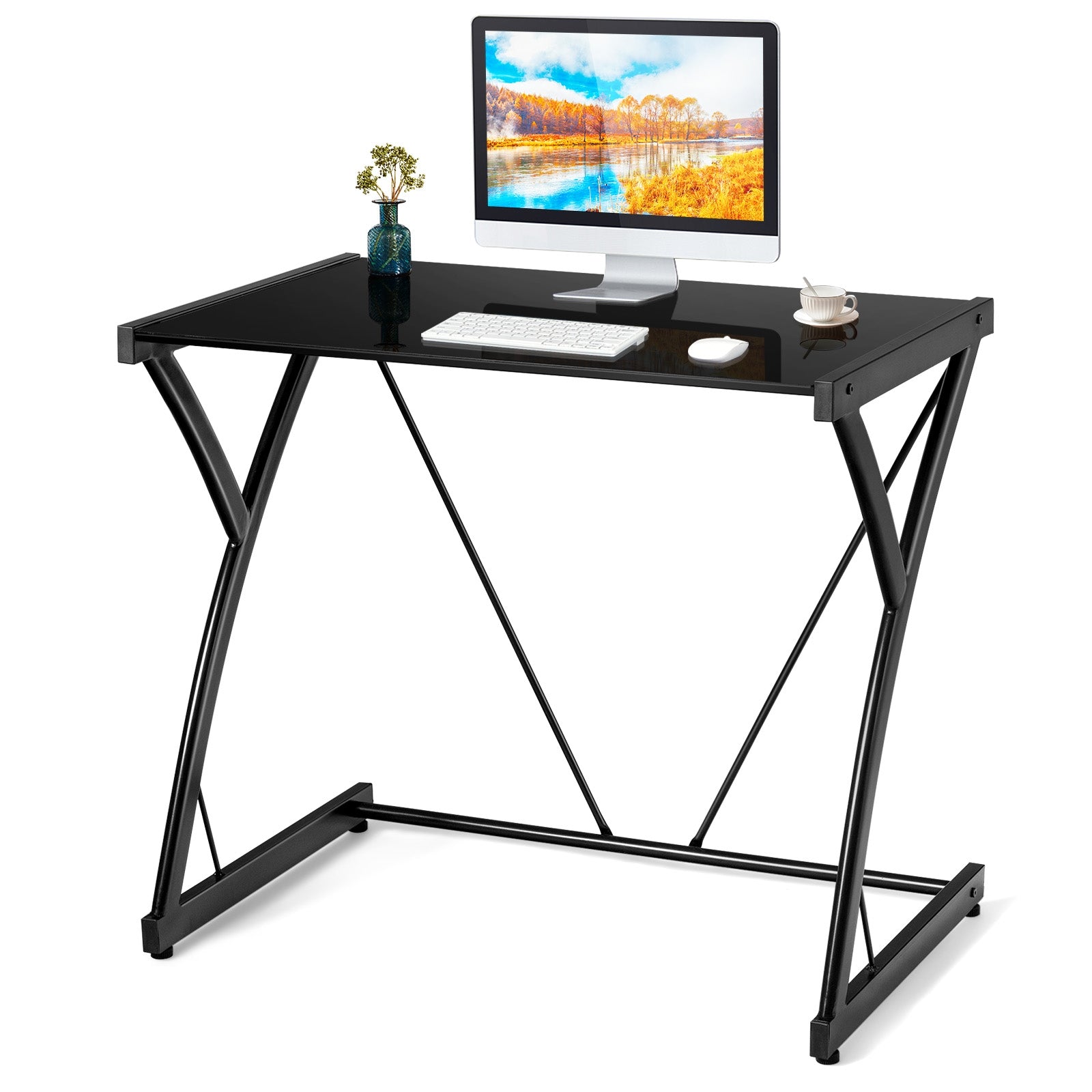 Glass Top Computer Desk Writing Study WorkstationÂ