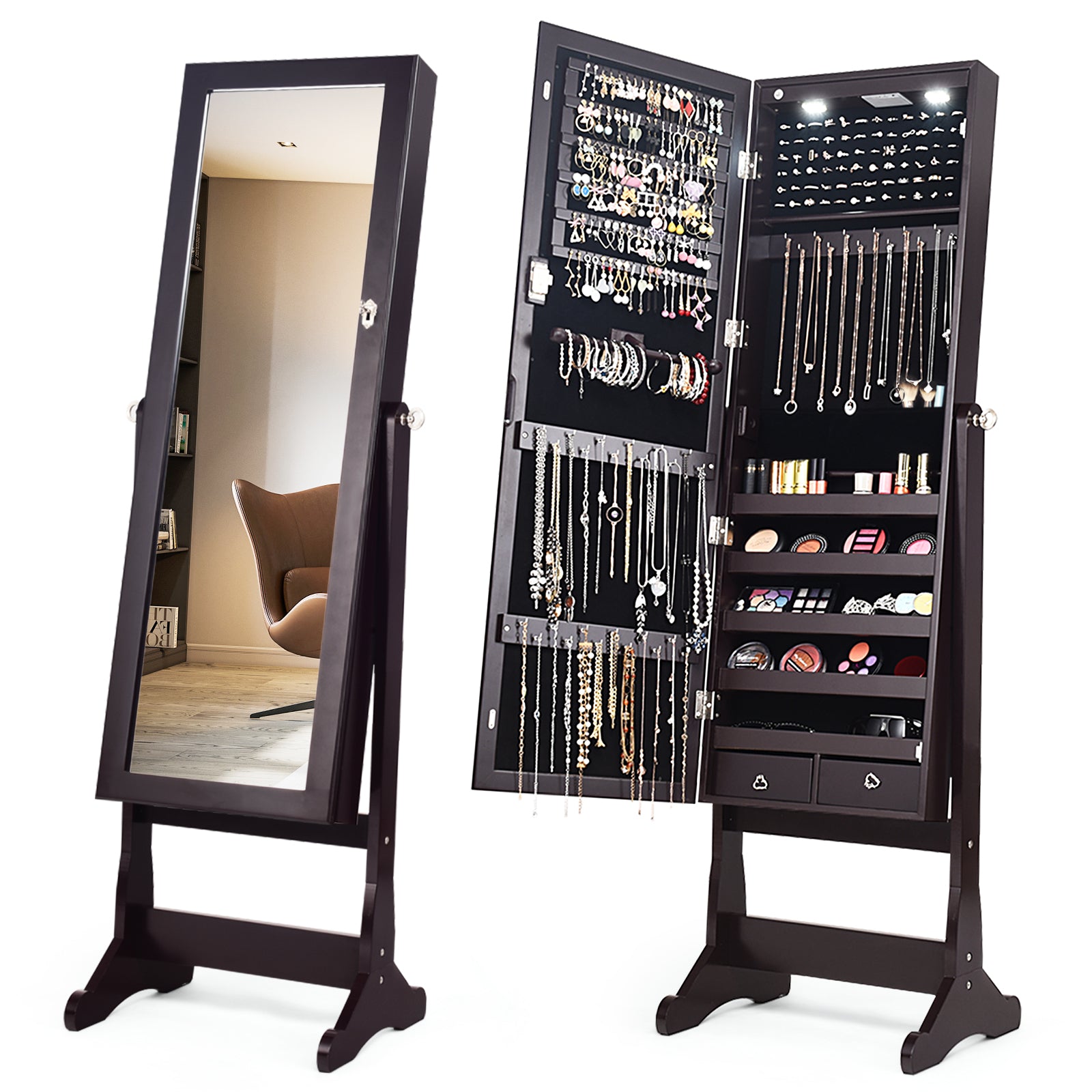 Lockable Mirrored Jewelry Cabinet with Stand and Led Lights-BrownÂ