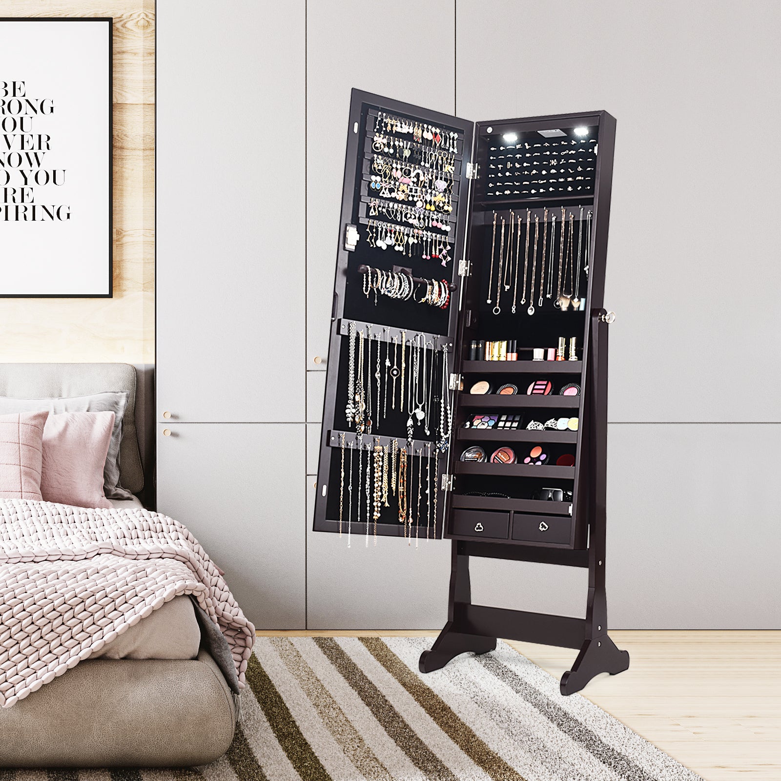 Lockable Mirrored Jewelry Cabinet with Stand and Led Lights-BrownÂ