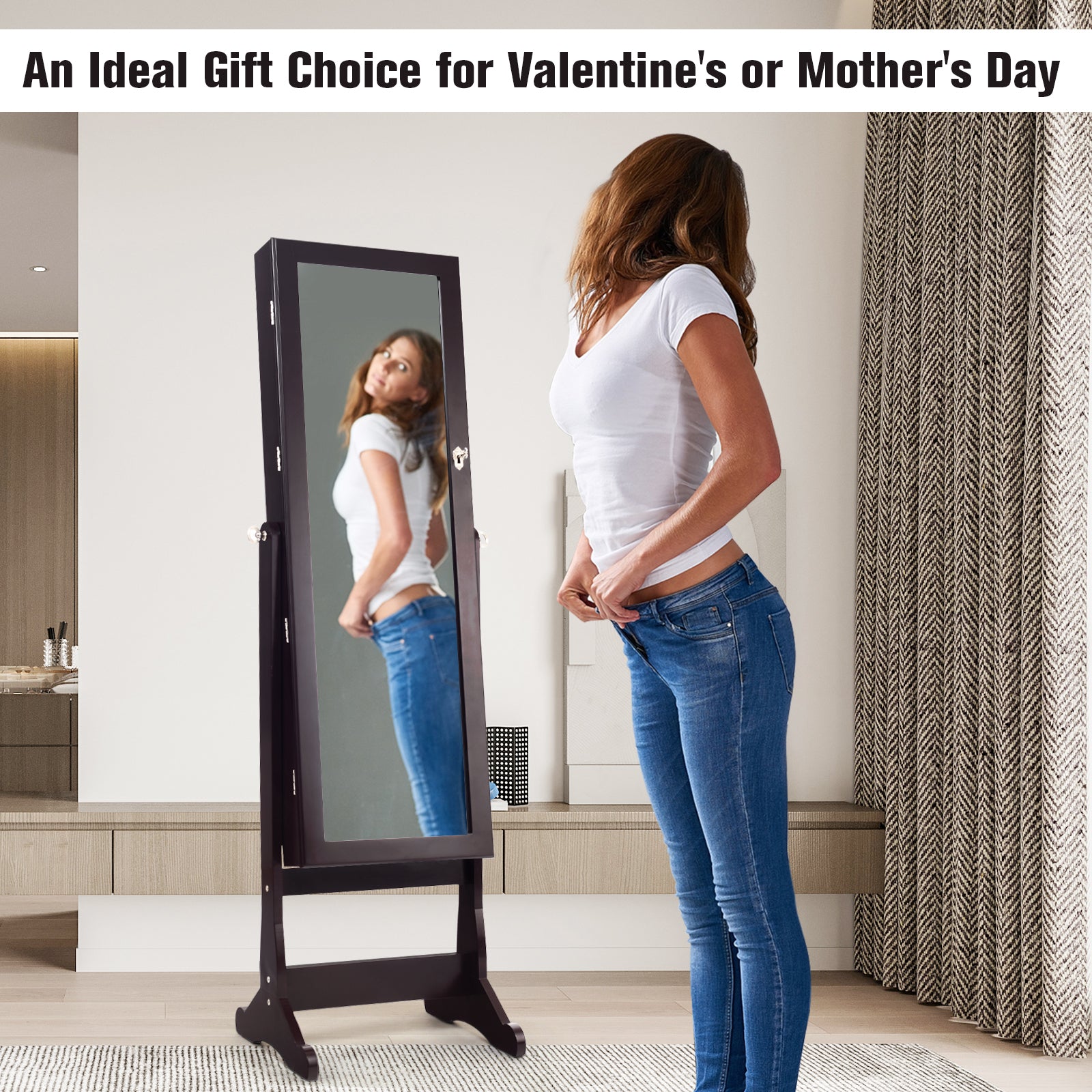Lockable Mirrored Jewelry Cabinet with Stand and Led Lights-BrownÂ