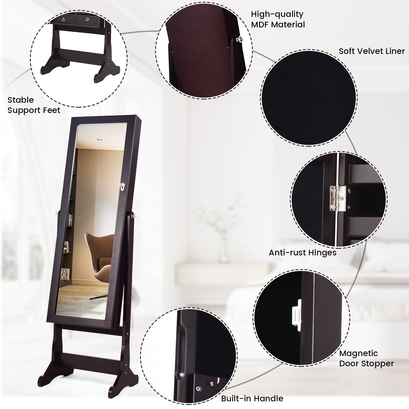 Lockable Mirrored Jewelry Cabinet with Stand and Led Lights-BrownÂ