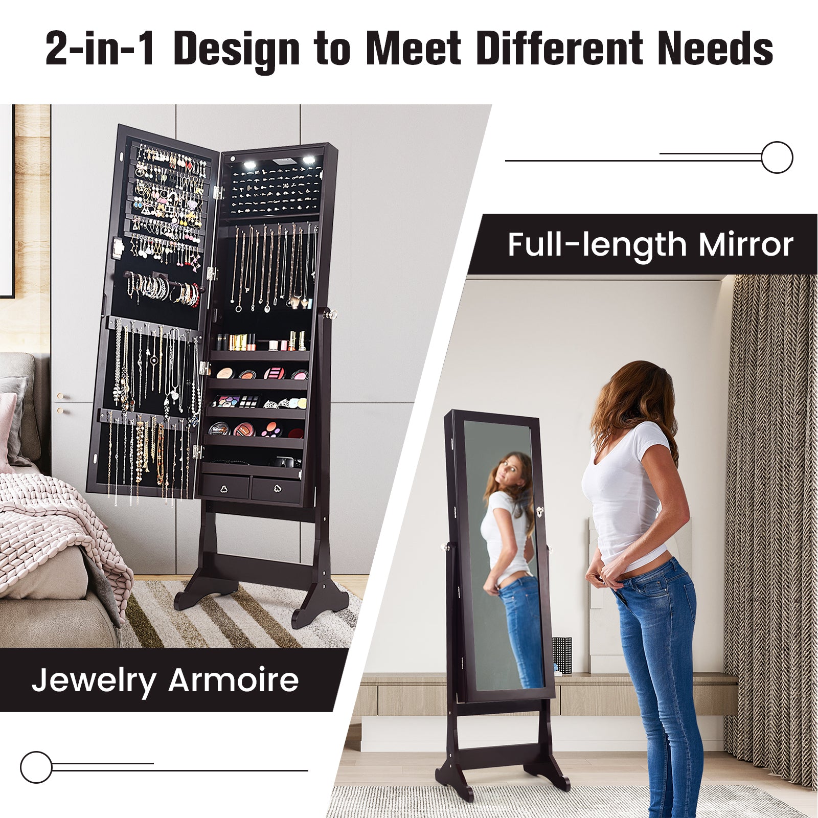 Lockable Mirrored Jewelry Cabinet with Stand and Led Lights-BrownÂ