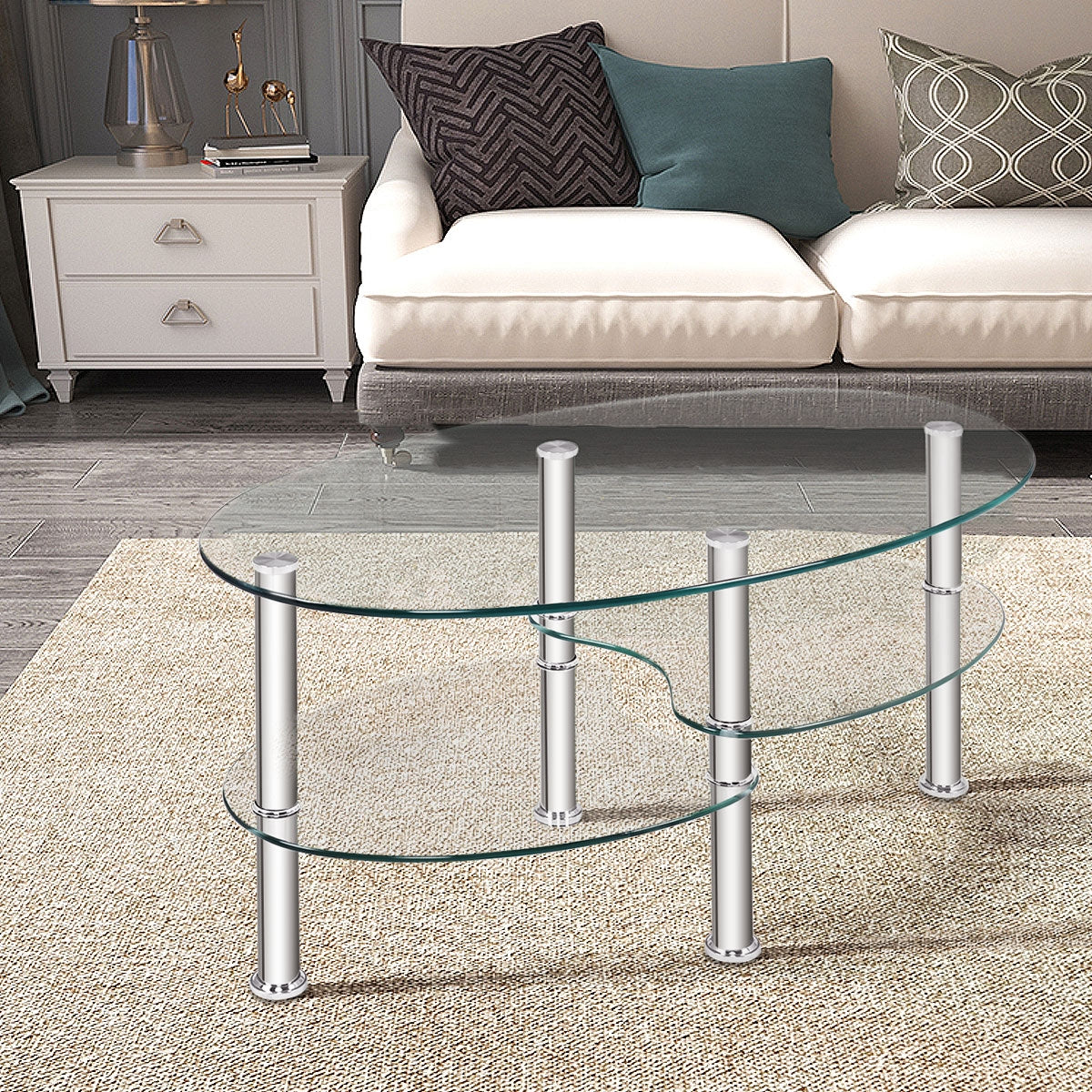Tempered Glass Oval Side Coffee Table-TransparentÂ