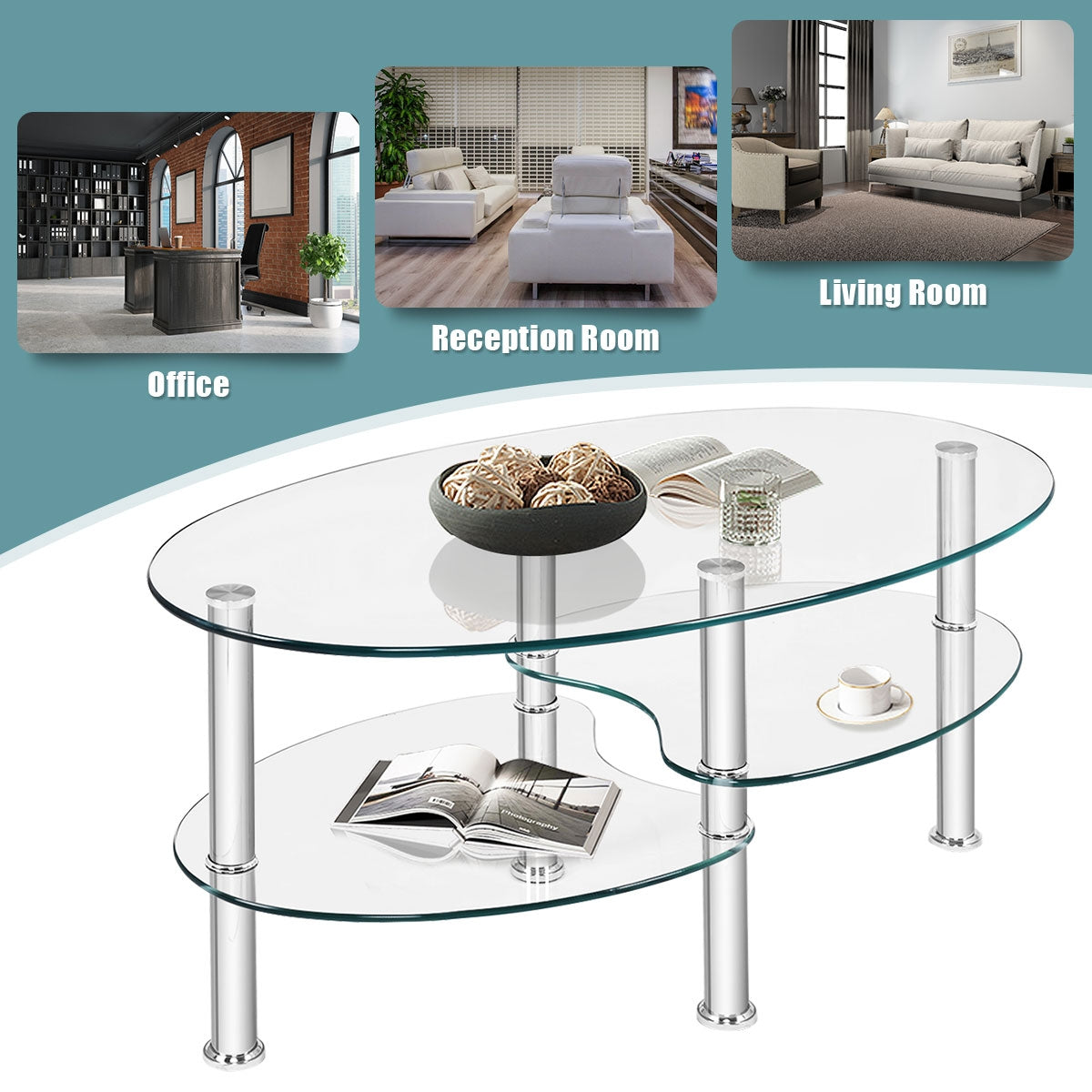 Tempered Glass Oval Side Coffee Table-TransparentÂ