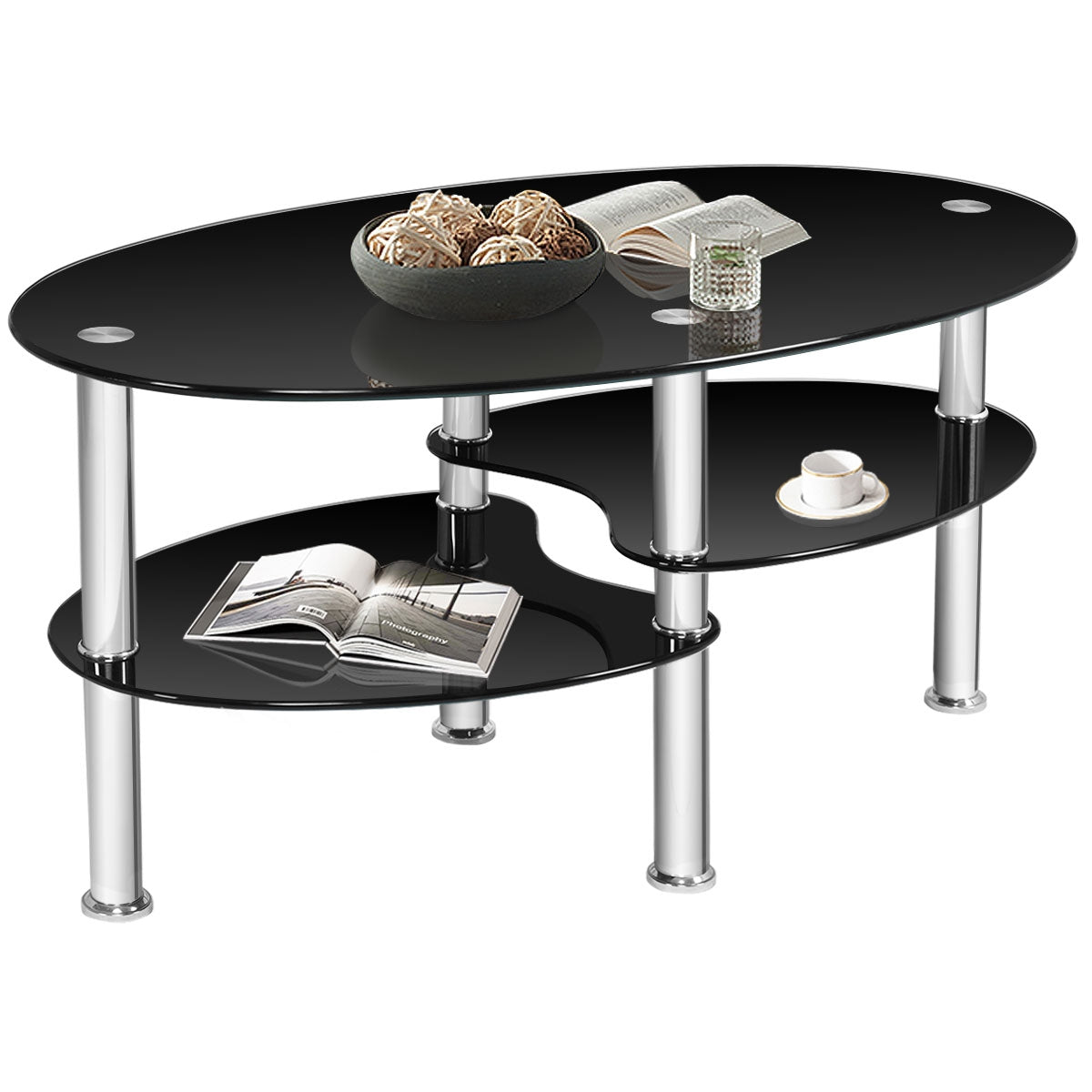 Tempered Glass Oval Side Coffee Table-BlackÂ