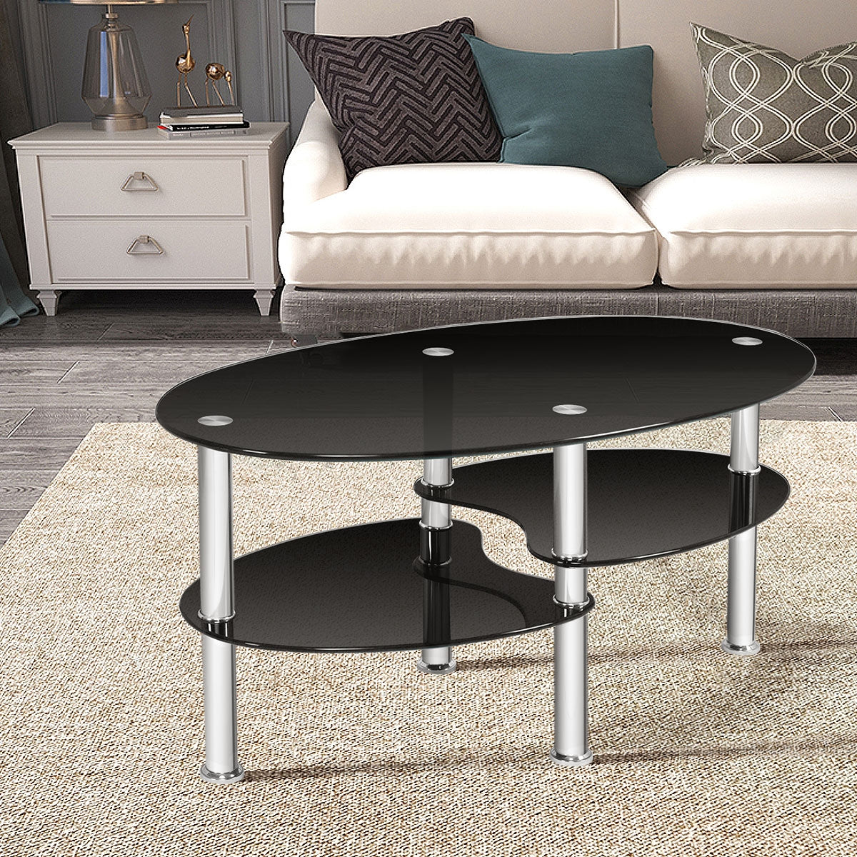 Tempered Glass Oval Side Coffee Table-BlackÂ