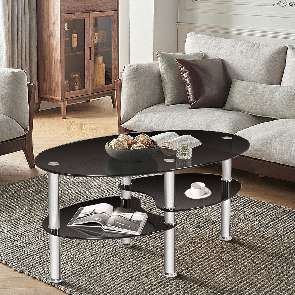 Tempered Glass Oval Side Coffee Table-BlackÂ