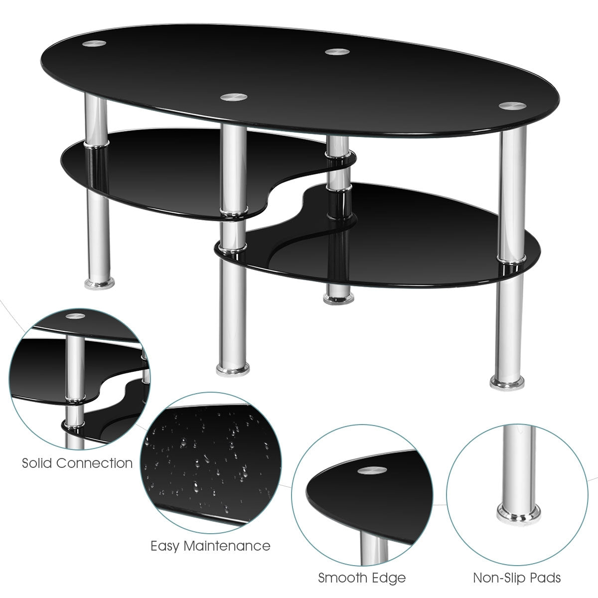 Tempered Glass Oval Side Coffee Table-BlackÂ