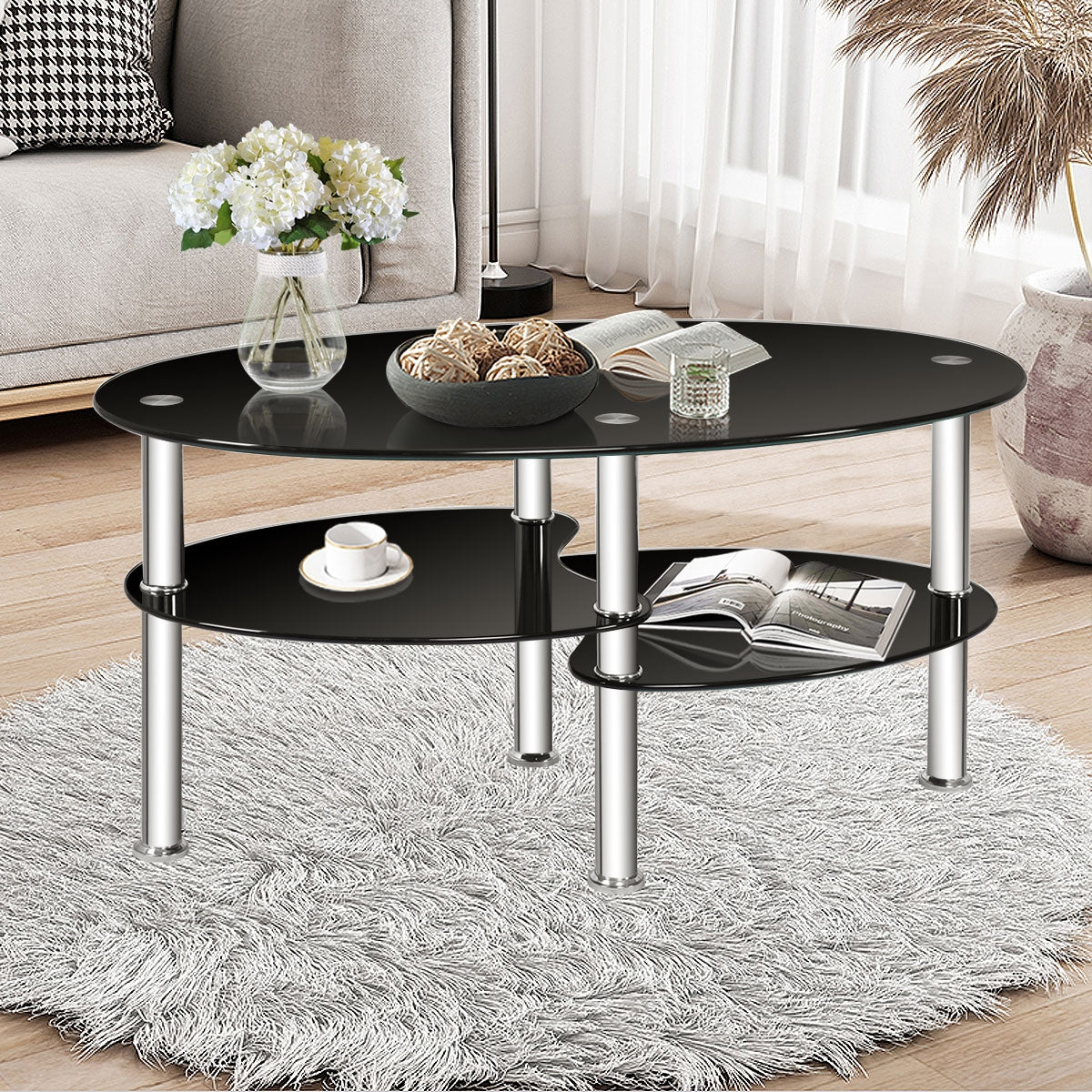 Tempered Glass Oval Side Coffee Table-BlackÂ