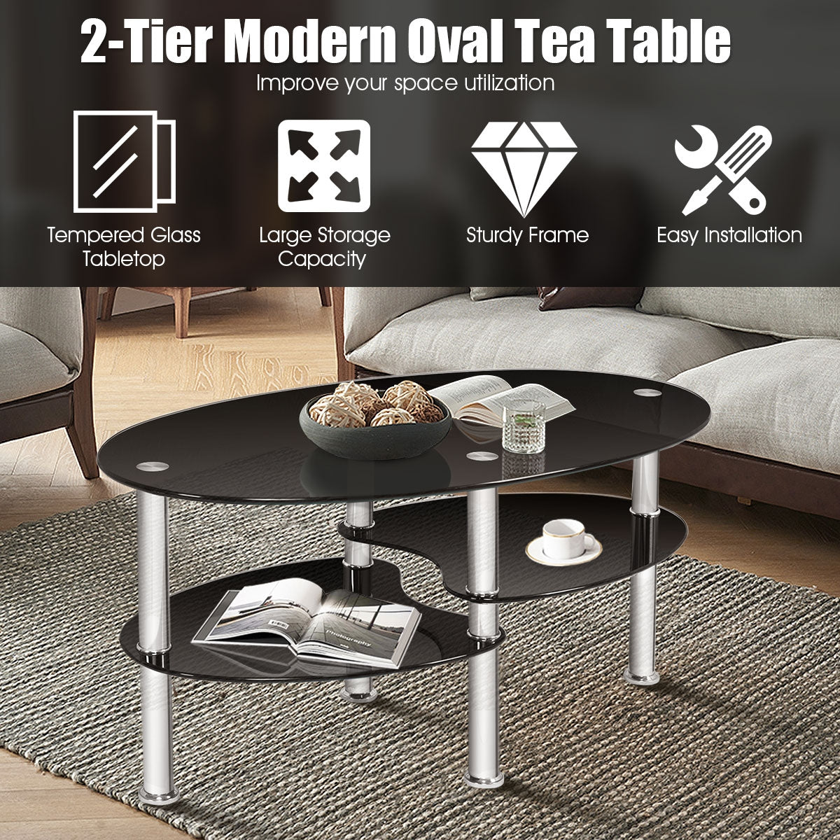Tempered Glass Oval Side Coffee Table-BlackÂ