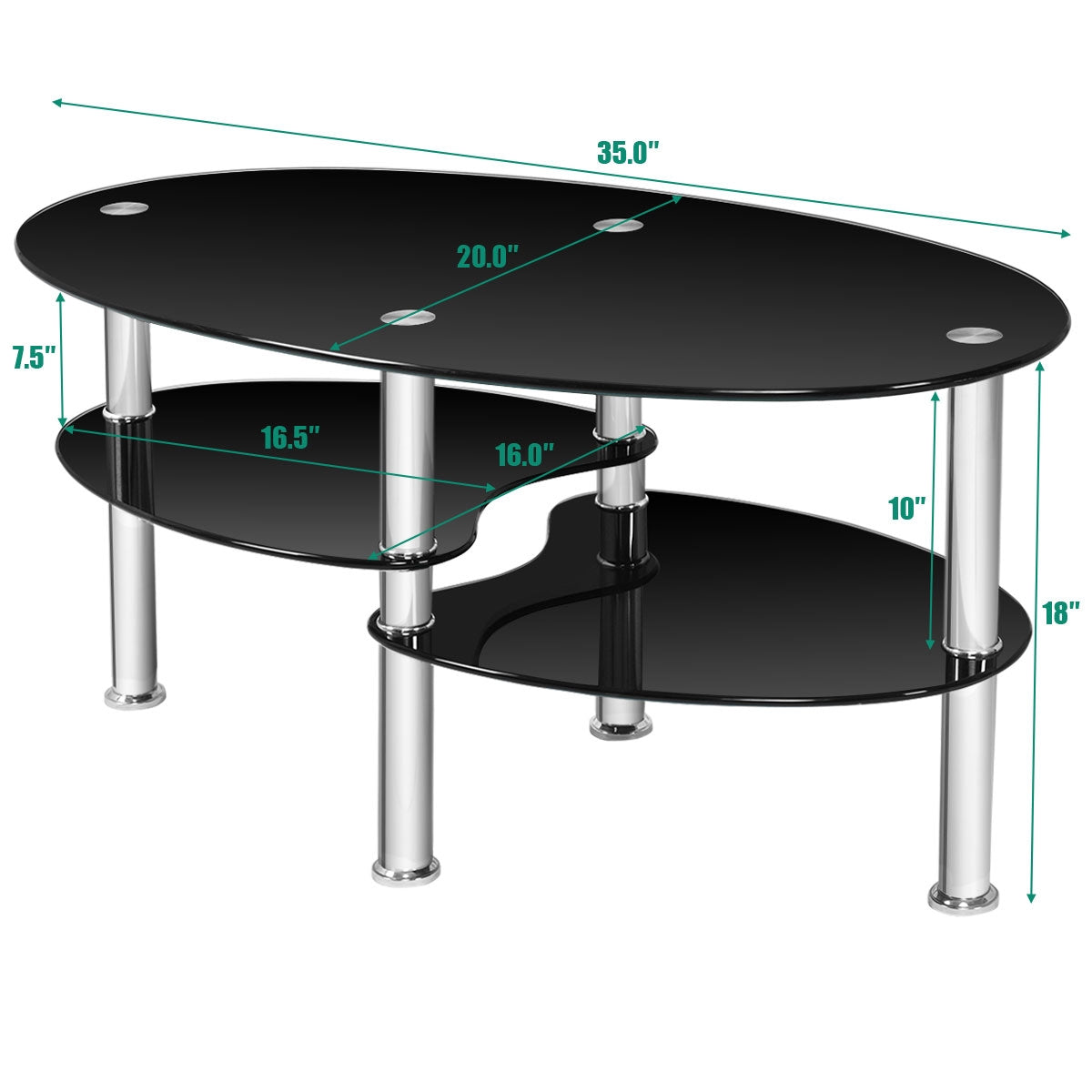Tempered Glass Oval Side Coffee Table-BlackÂ