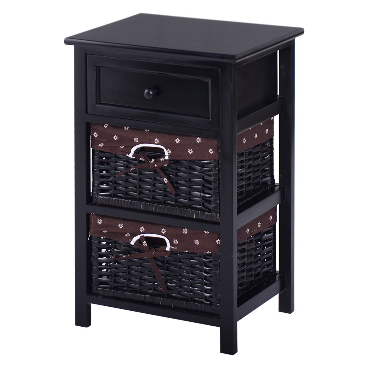 3 Tiers Wooden Storage Nightstand with 2 Baskets and 1 Drawer-blackÂ