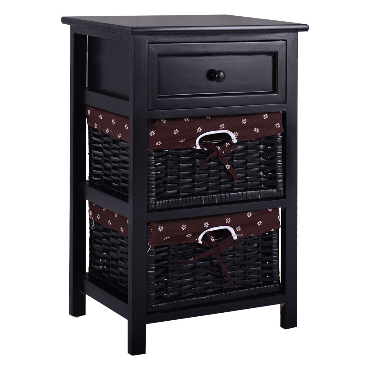 3 Tiers Wooden Storage Nightstand with 2 Baskets and 1 Drawer-blackÂ