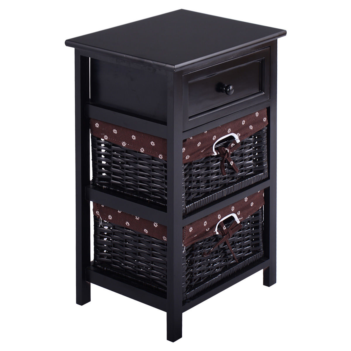 3 Tiers Wooden Storage Nightstand with 2 Baskets and 1 Drawer-blackÂ