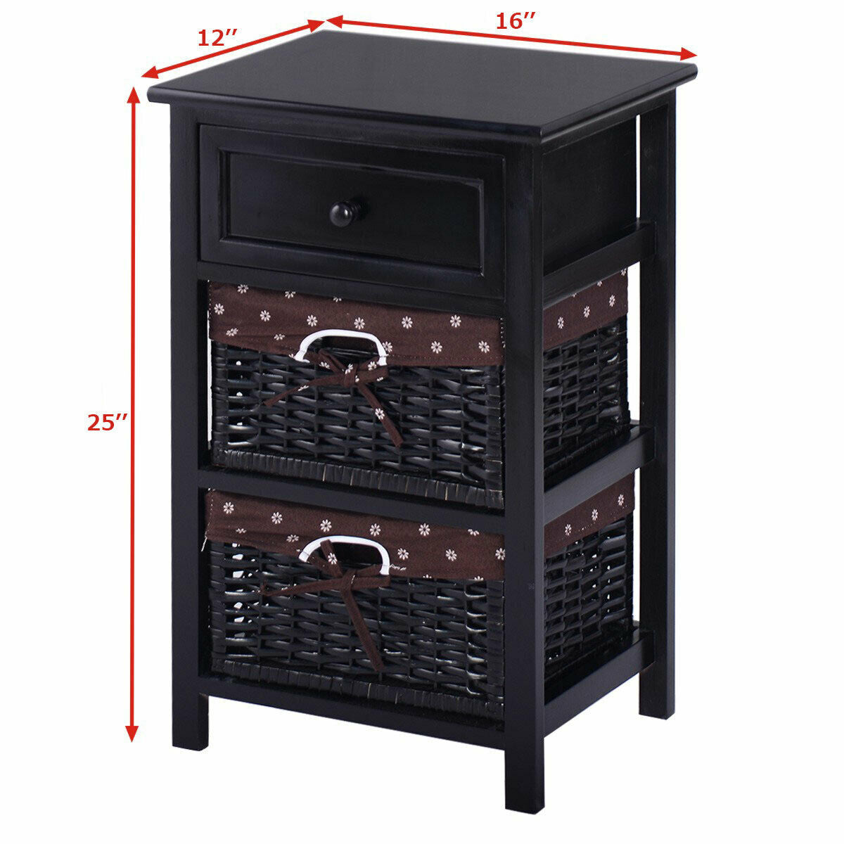 3 Tiers Wooden Storage Nightstand with 2 Baskets and 1 Drawer-blackÂ