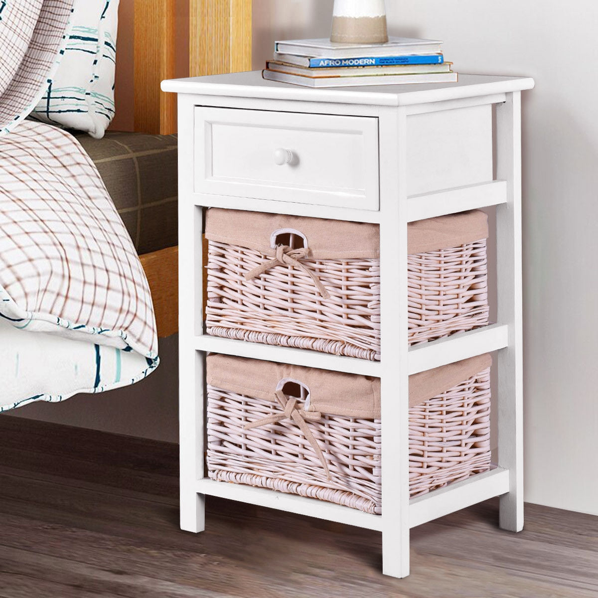 3 Tiers Wooden Storage Nightstand with 2 Baskets and 1 Drawer-whiteÂ