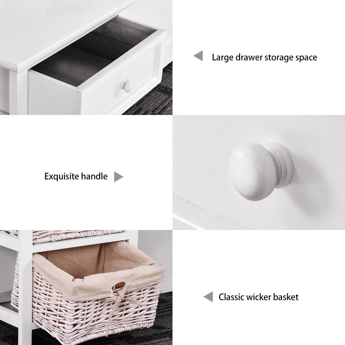 3 Tiers Wooden Storage Nightstand with 2 Baskets and 1 Drawer-whiteÂ