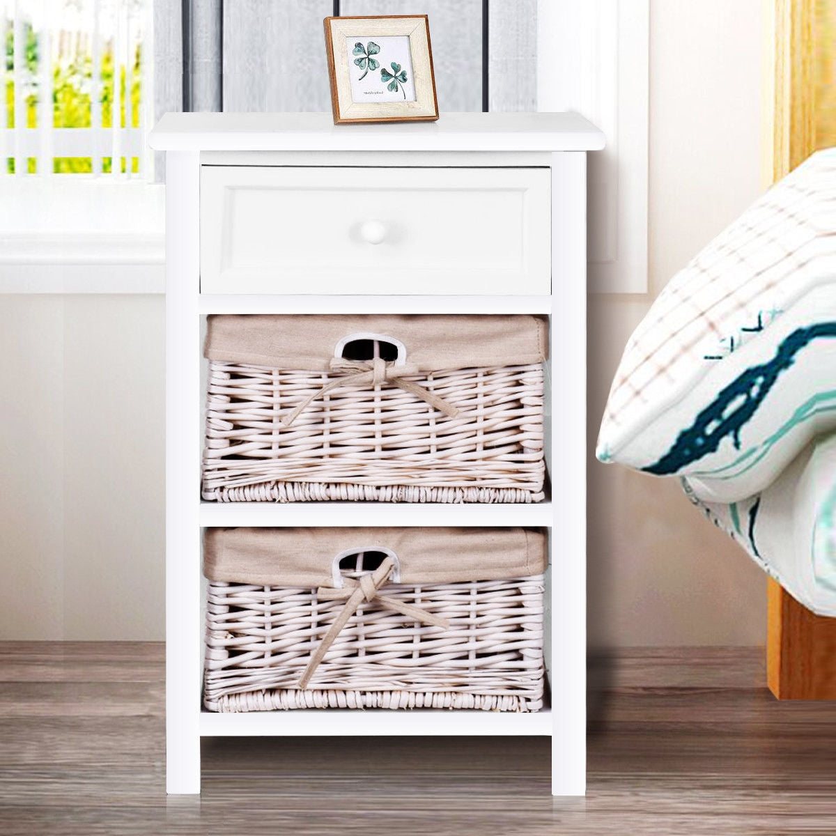 3 Tiers Wooden Storage Nightstand with 2 Baskets and 1 Drawer-whiteÂ