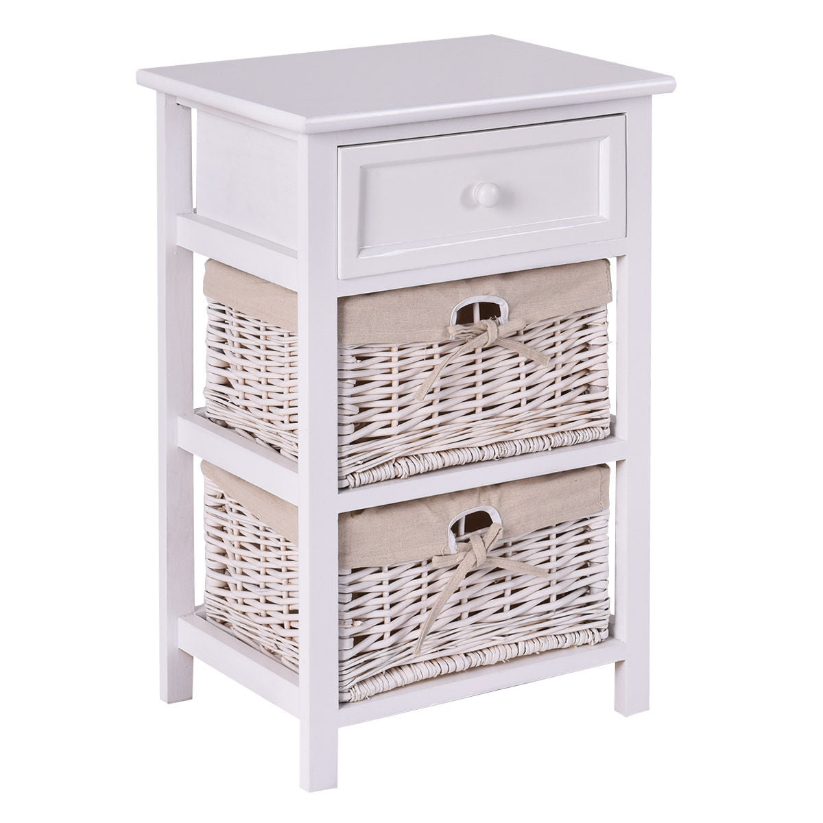 3 Tiers Wooden Storage Nightstand with 2 Baskets and 1 Drawer-whiteÂ
