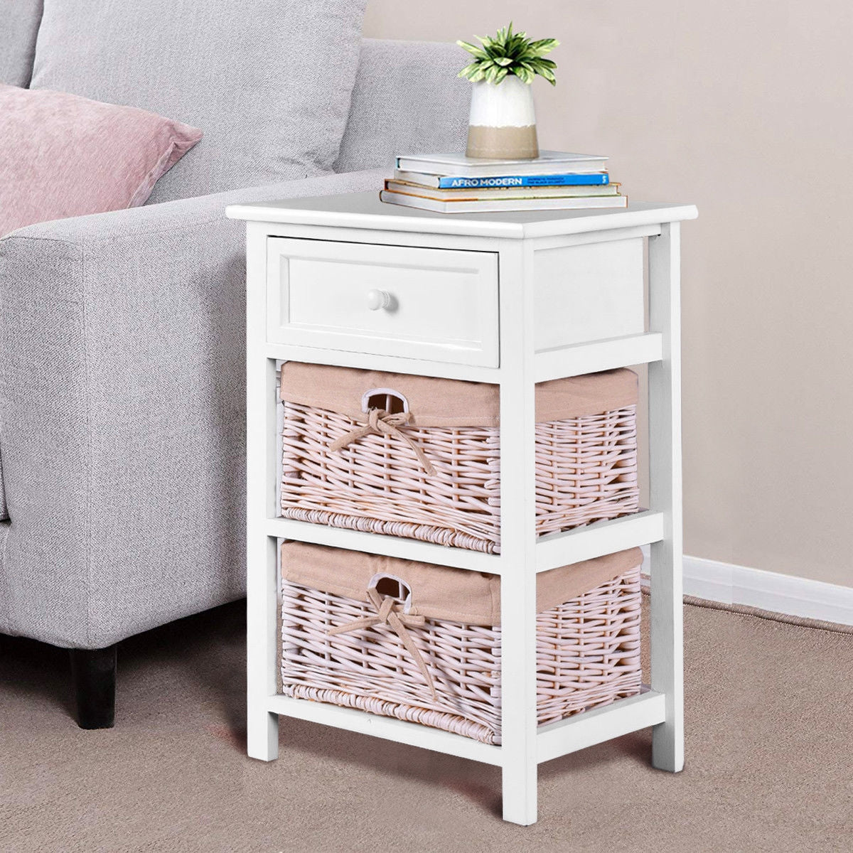 3 Tiers Wooden Storage Nightstand with 2 Baskets and 1 Drawer-whiteÂ