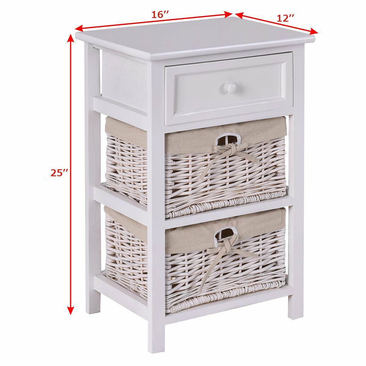 3 Tiers Wooden Storage Nightstand with 2 Baskets and 1 Drawer-whiteÂ