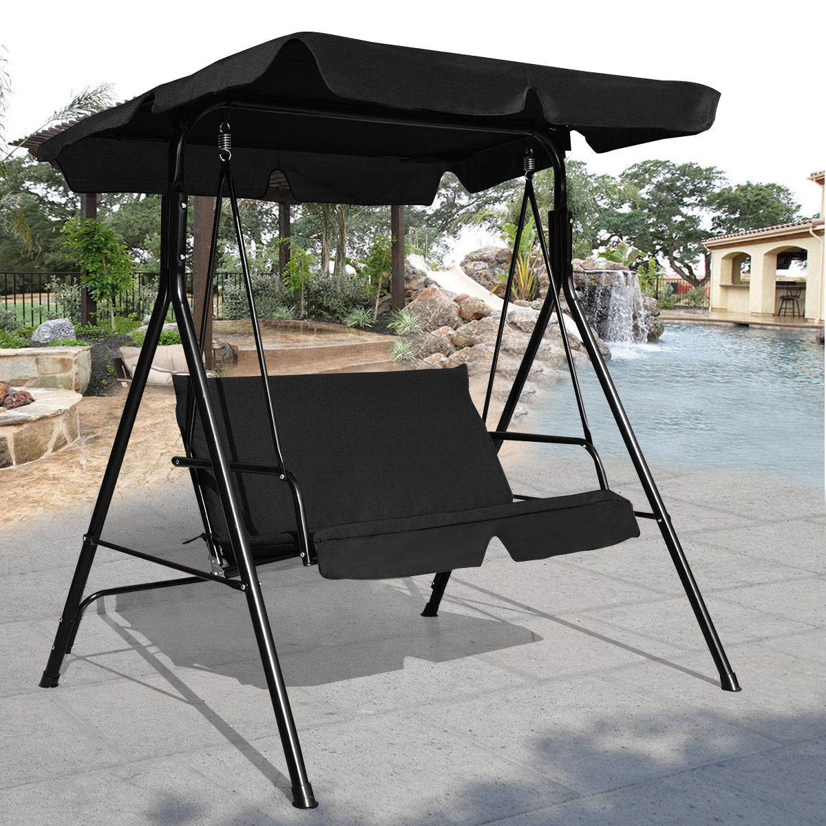 Loveseat Cushioned Patio Steel Frame Swing Glider -BlackÂ