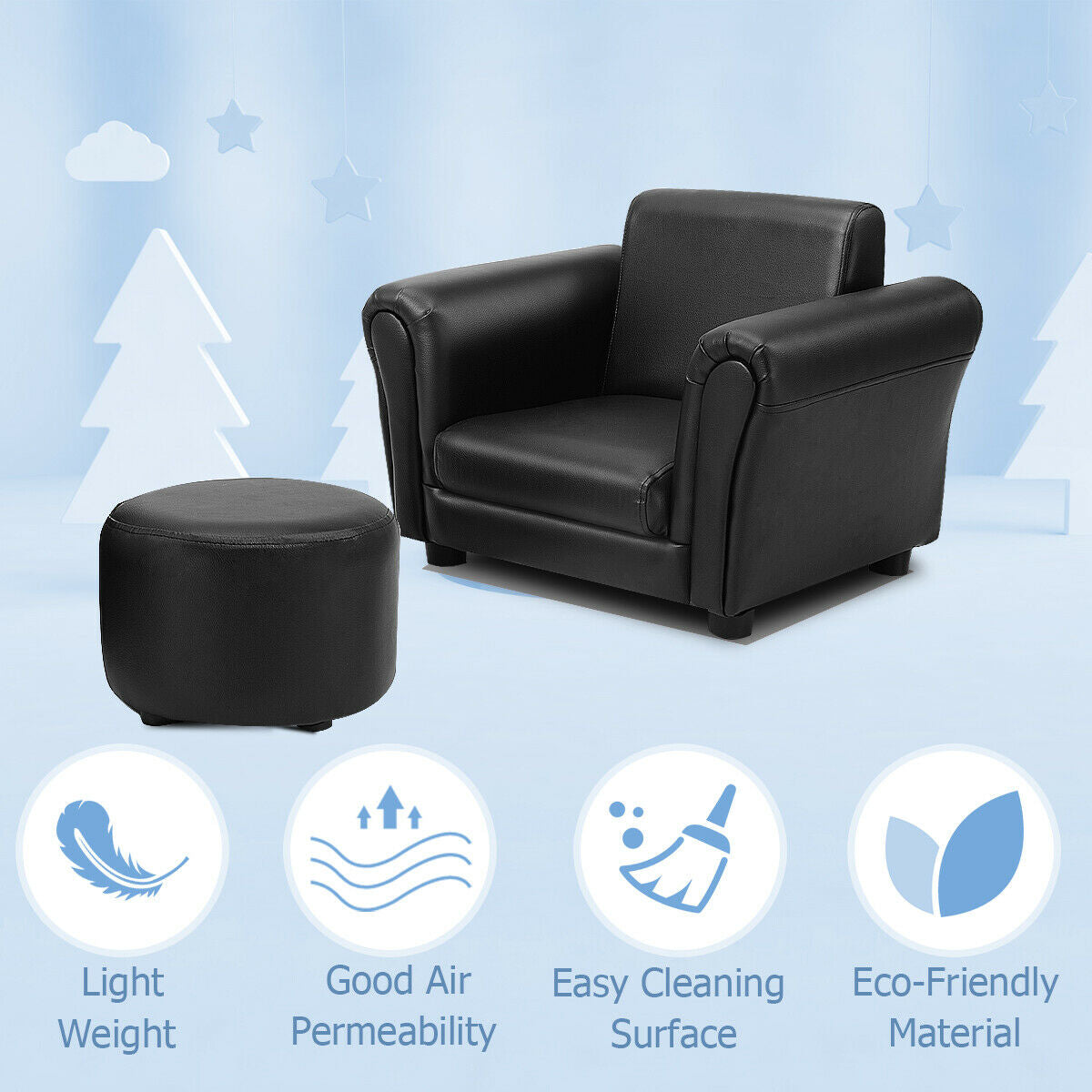 Black Kids Single Armrest Couch Sofa with OttomanÂ