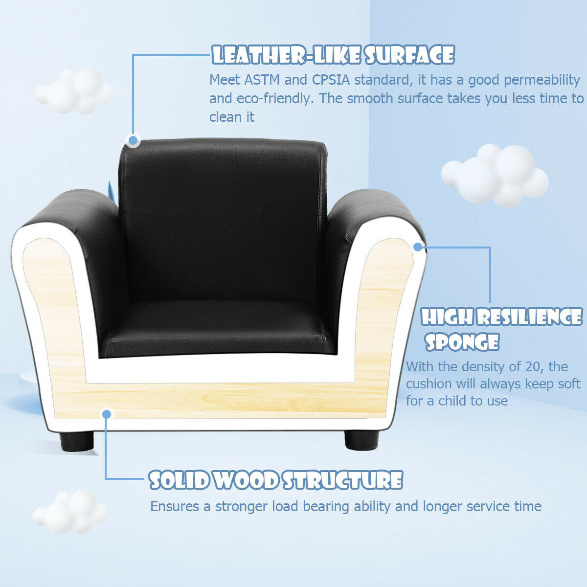 Black Kids Single Armrest Couch Sofa with OttomanÂ